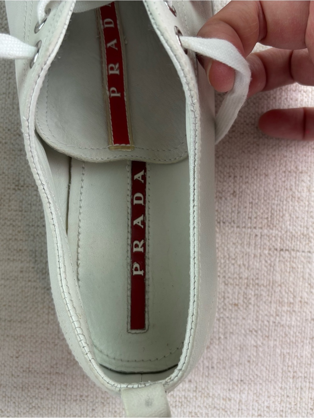 Prada women's size 38.5 White Leather low top Sneakers with Red Stripe Detail - Picture 14 of 16